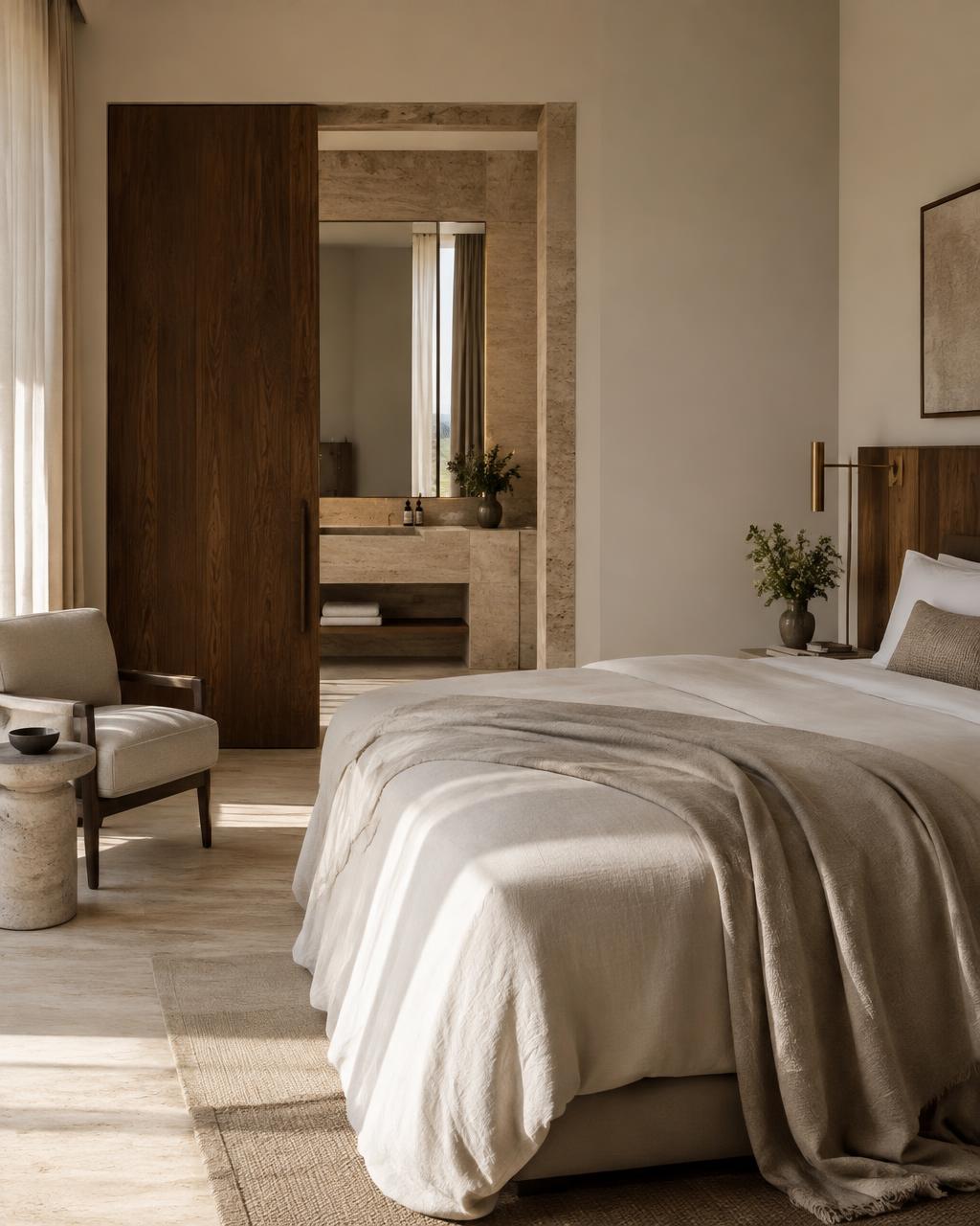 Ruhiges Gästezimmer mit Leinenbettwäsche und Travertin-Details